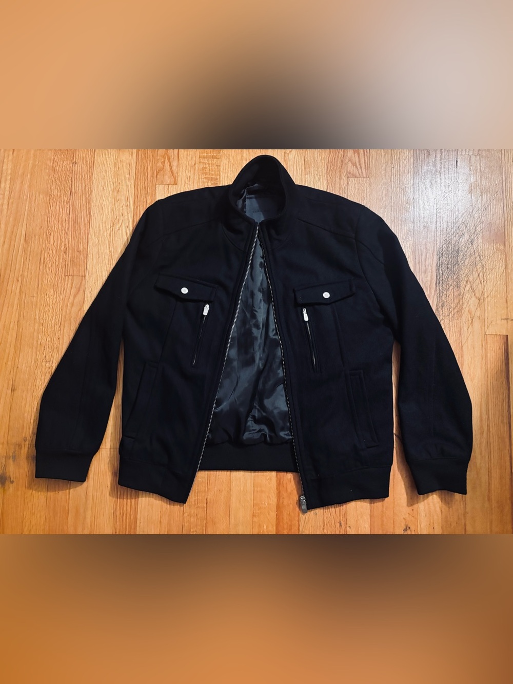 ZARA MAN Men's Black Wool Bomber Jacket Full Zip Size XL